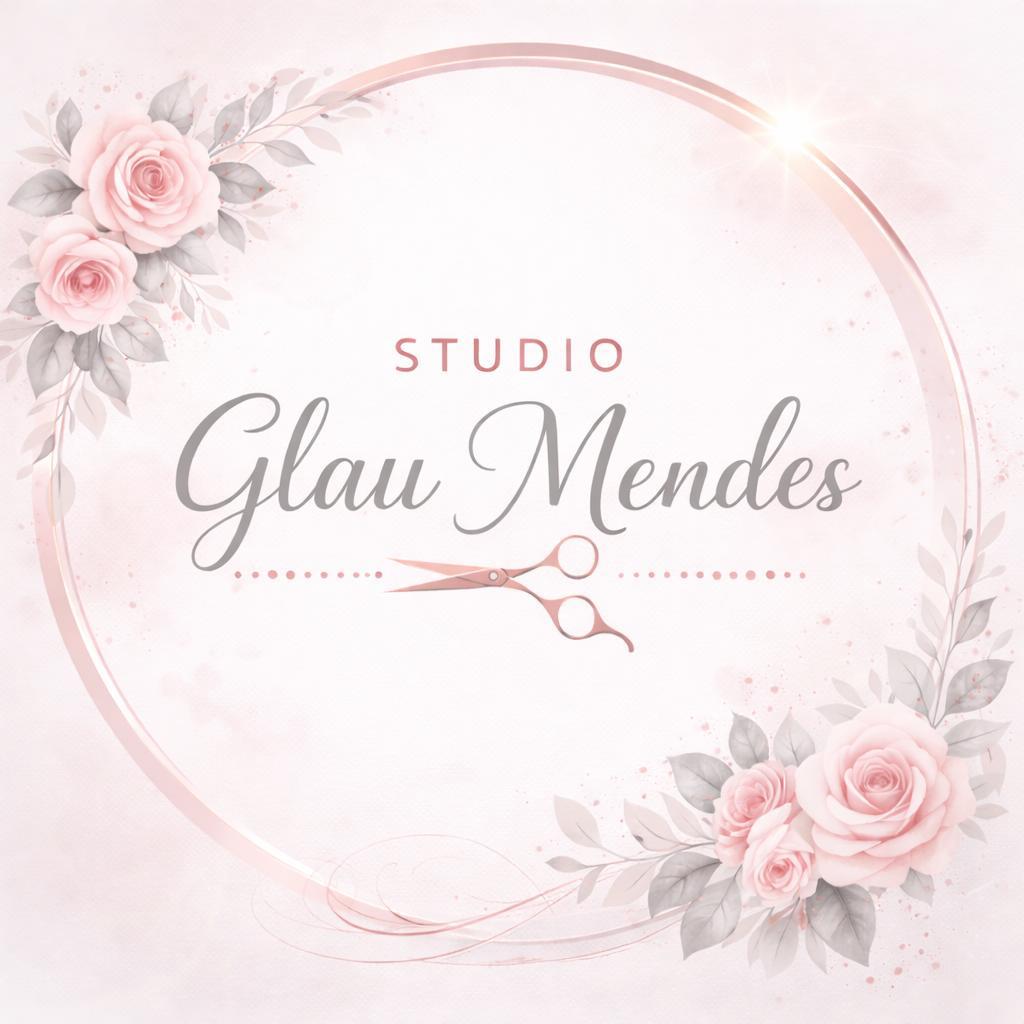 Studio Glau Mendes, logo com rosas e tesoura